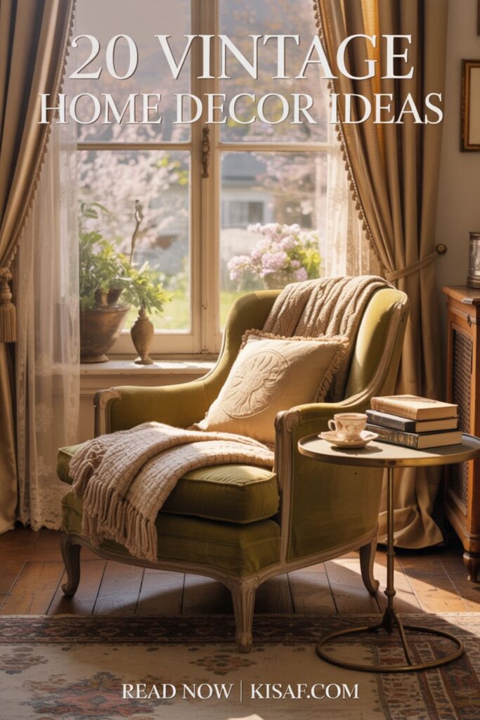 a pinterest style image with a text overlay _20 Vintage Home Decor Ideas_, and _Read Now _ Kisaf.com_ at the bottom