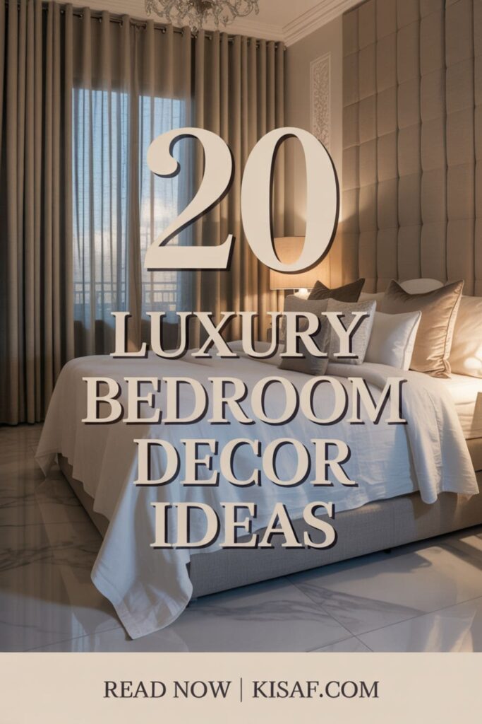 a text overlay _20 Luxury Bedroom Decor Ideas_, and _Read Now _ Kisaf.com_ at the bottom