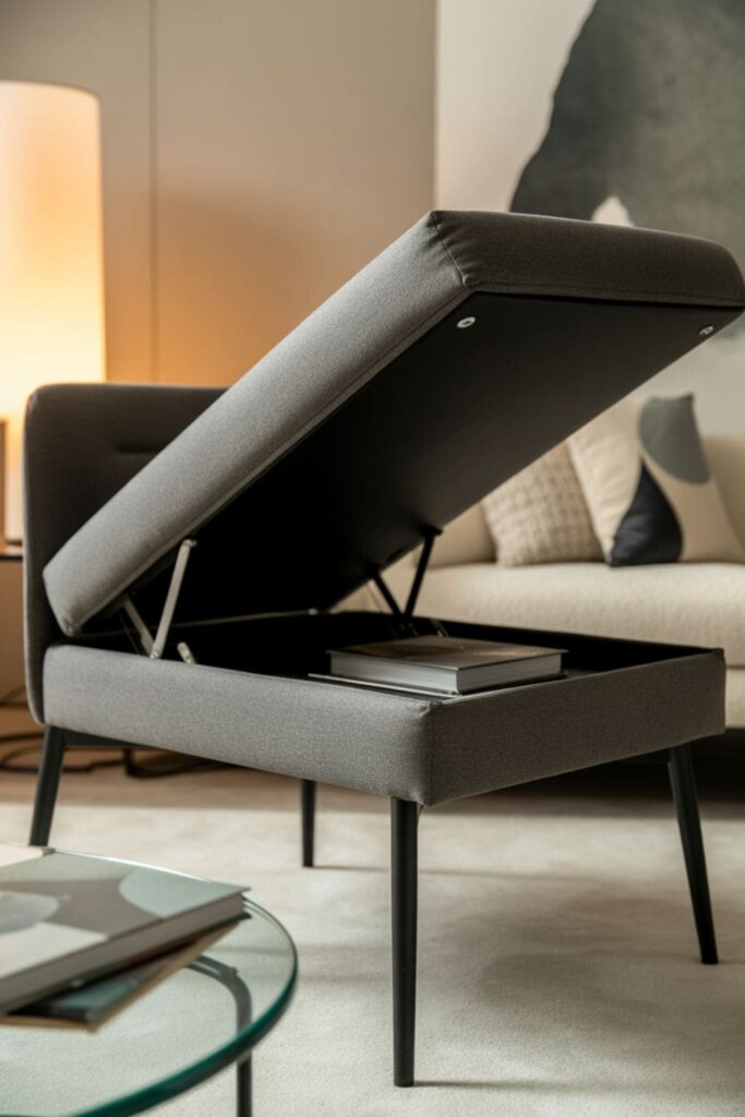 Accent chair with hidden storage built into the base of the seat