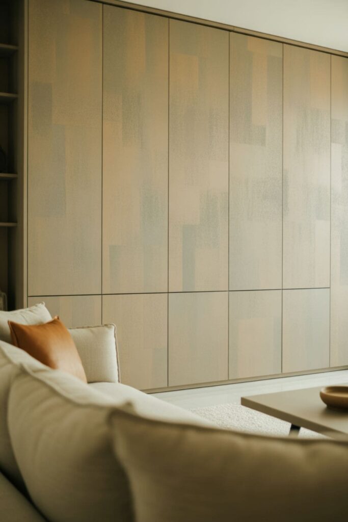 Accent wall design with concealed storage hidden behind textured panels