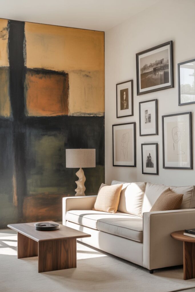 Art-centered living room without a TV showcasing large wall art and a gallery wall