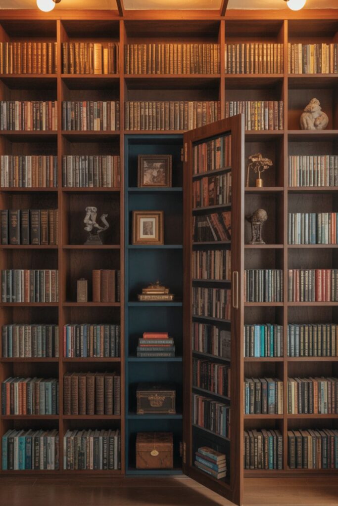 Bookshelf with false backing that opens to reveal hidden storage space
