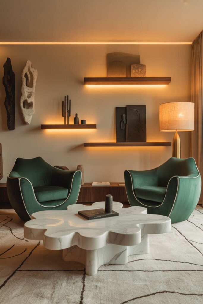 Boutique hotel-inspired living room featuring uniquely shaped chairs and sculptural coffee table