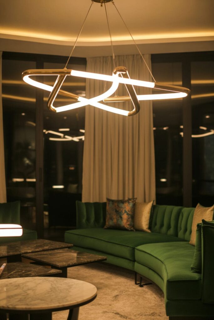 Boutique hotel-inspired living room with brass chandelier and velvet sofa, warm ambient lighting