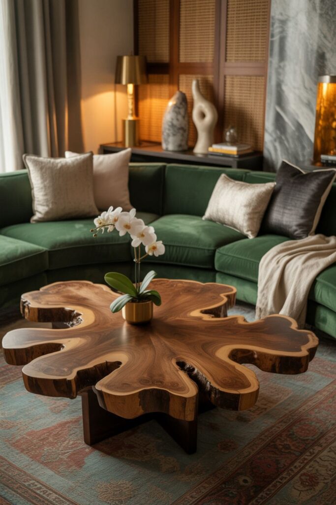Boutique hotel-inspired living room with unique marble coffee table as the centerpiece, elegant décor