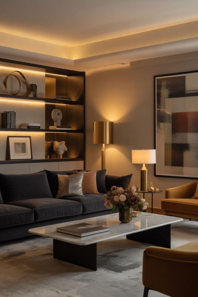 Boutique hotel-style living room with balanced furniture, artwork, and lighting, curated interior
