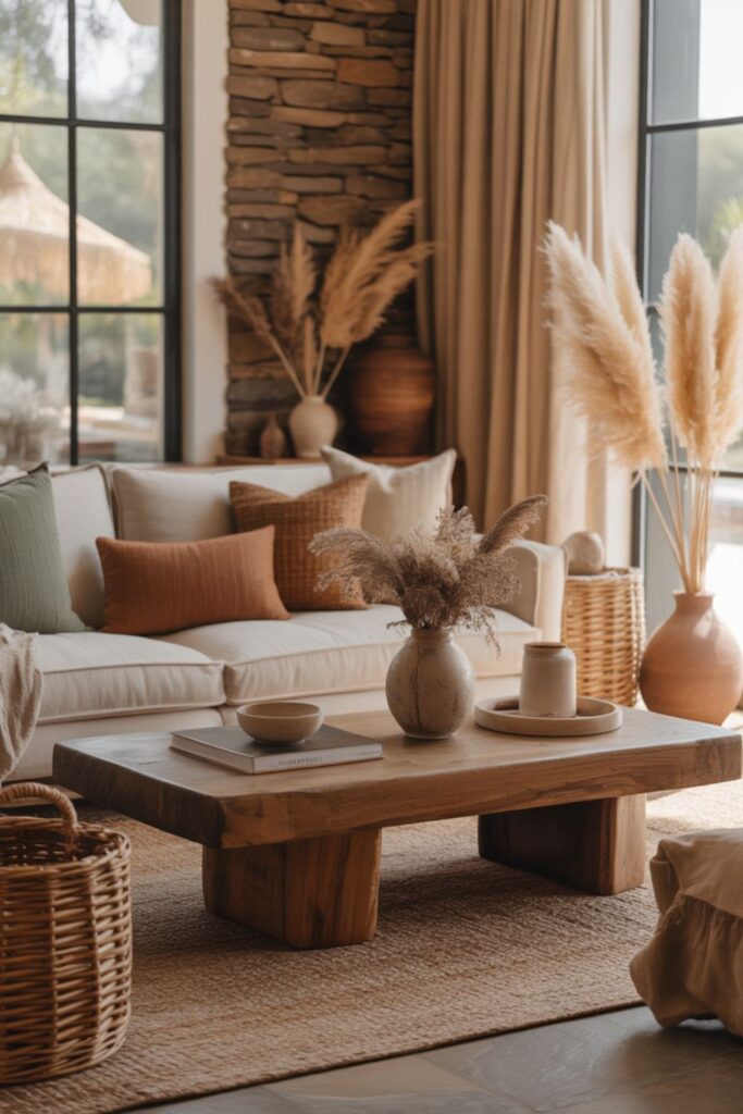 Boutique hotel-style living room with wooden coffee table, rattan baskets, stone accents, and linen sofa