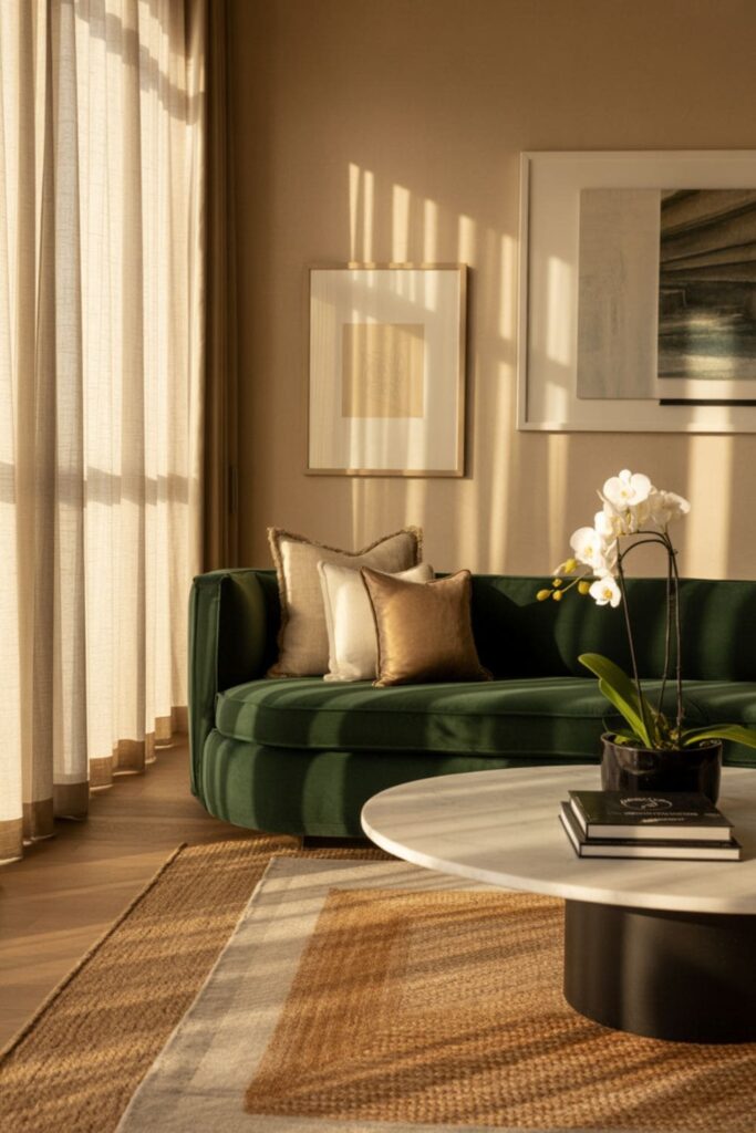 Bright boutique hotel-inspired living room with large windows, velvet sofa, and layered rugs