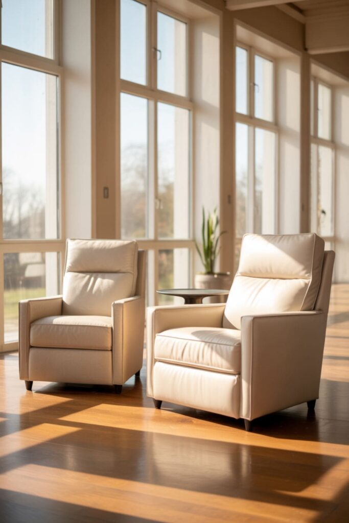 Bright living room with recliners near large windows, sunlight streaming in, and airy open space