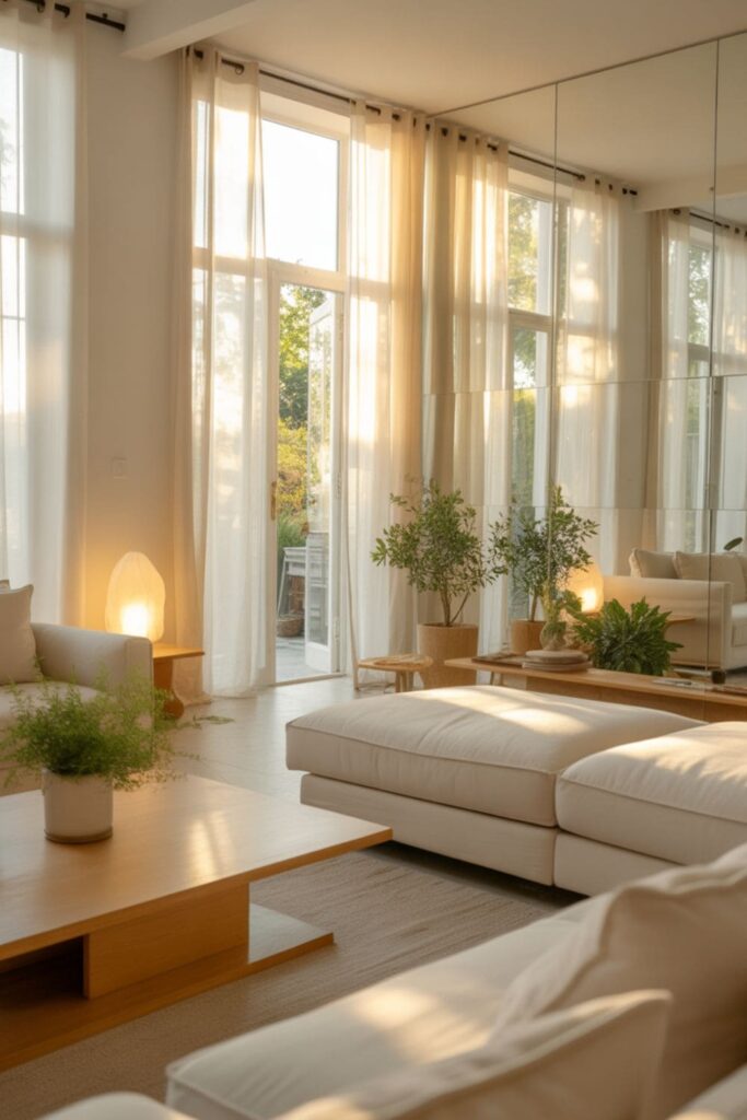 Bright living room with sheer curtains and natural light flowing through windows