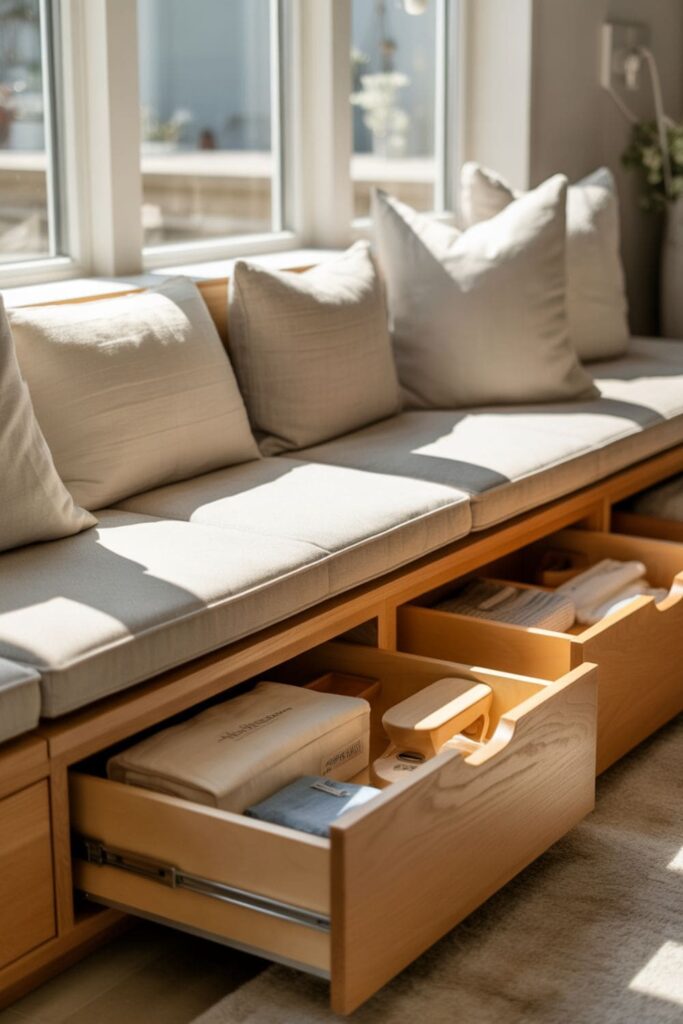 Built-in window bench with hidden storage drawers beneath soft cushions