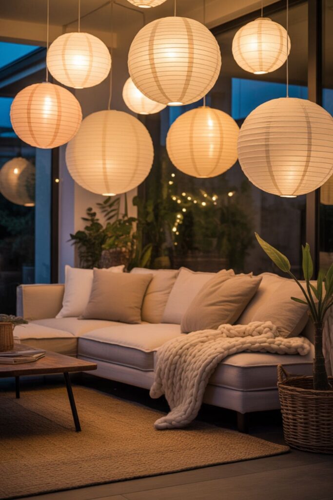 Casual living room with paper lantern lighting creating a soft, diffused glow