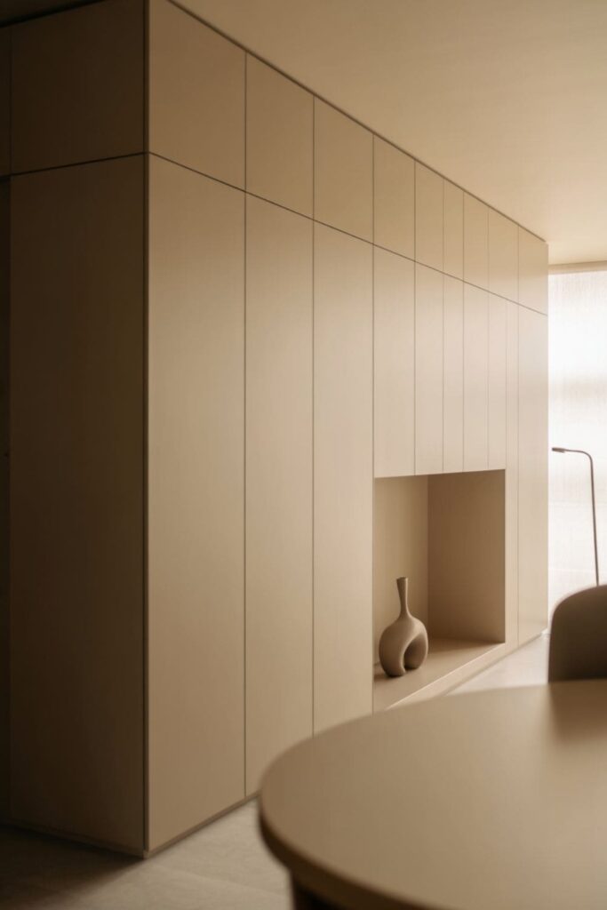 Ceiling-height cabinets blending into the living room wall for seamless storage