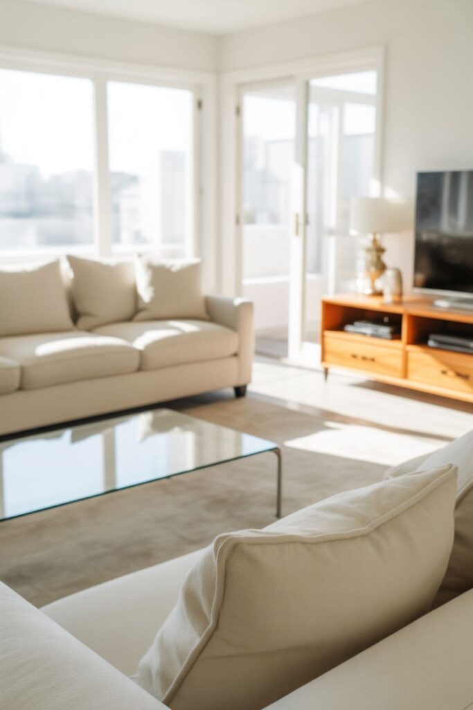 Clean living room with dust-free surfaces and freshly vacuumed floors