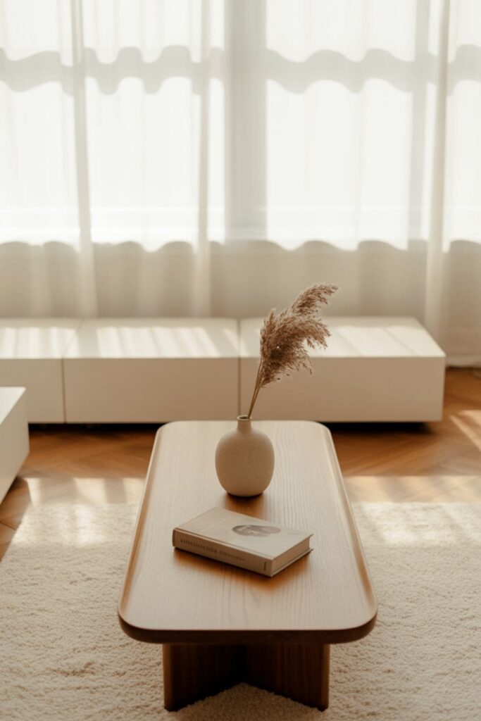 Clutter-free coffee table and side tables in a calm living room setup