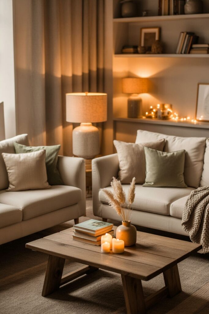 Conversation-focused living room without a TV with sofas facing each other and a central coffee table