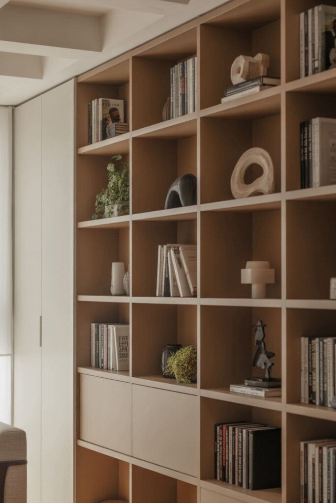 Corner shelving unit with closed compartments hidden behind open shelves
