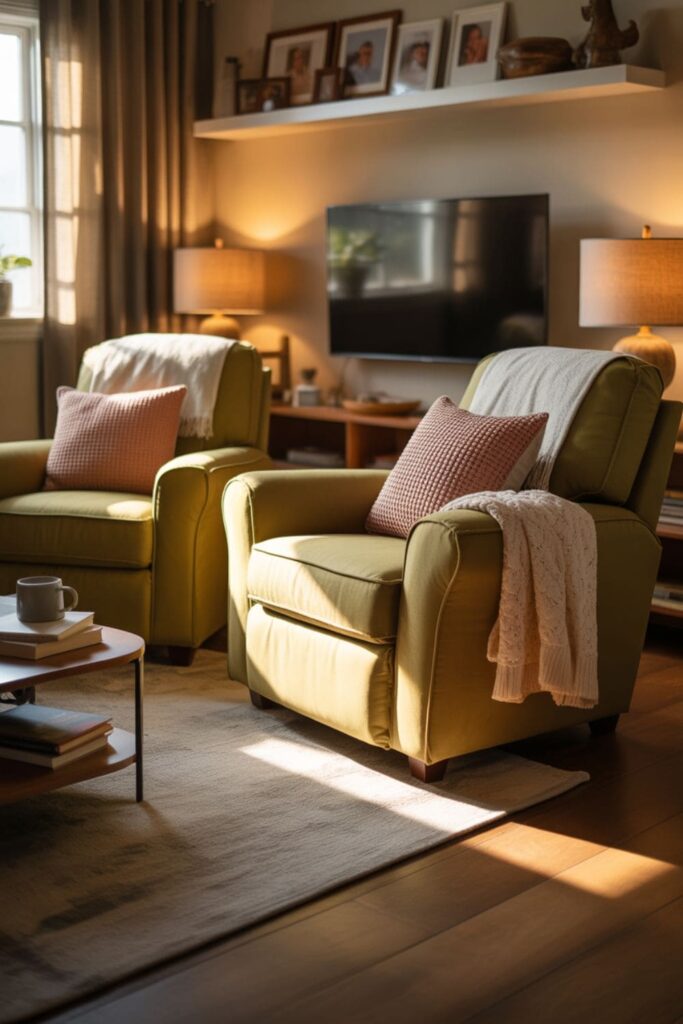 Cozy family living room featuring plush fabric recliners, throw blankets, pillows, and TV setup