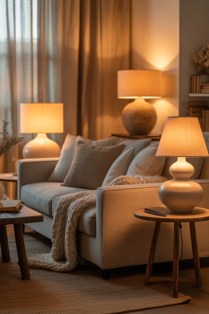 Cozy living room featuring table lamps with warm fabric shades on side tables