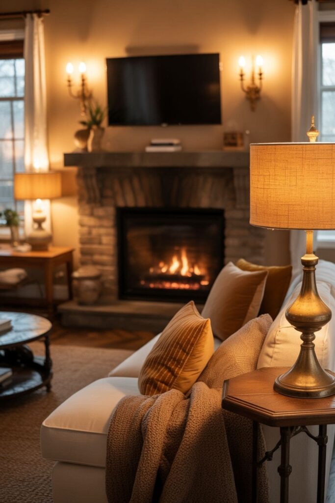 Cozy living room with a fireplace and TV enhanced by layered lighting and warm decor
