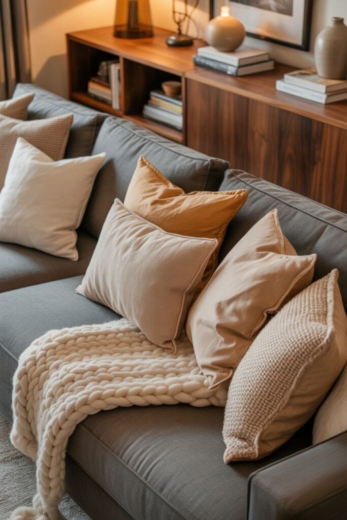 Cozy neutral living room featuring a grey couch with beige and brown textures
