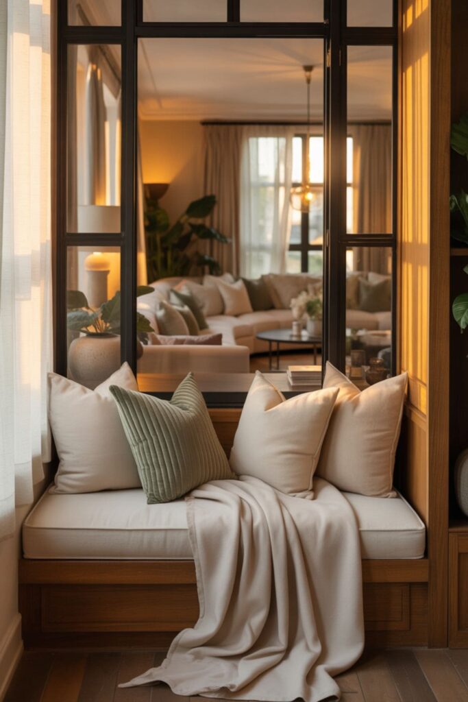 Cozy window nook with cushions and throws in boutique hotel-inspired living room, natural light