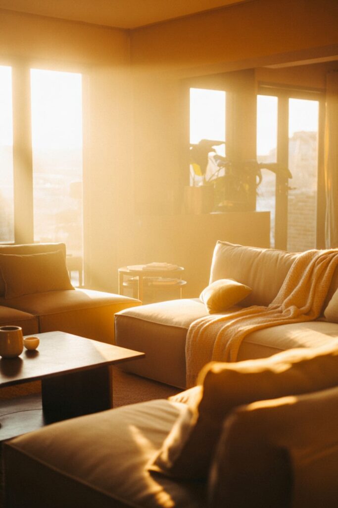 Creamy almond living room walls warmed by strong west-facing sunlight