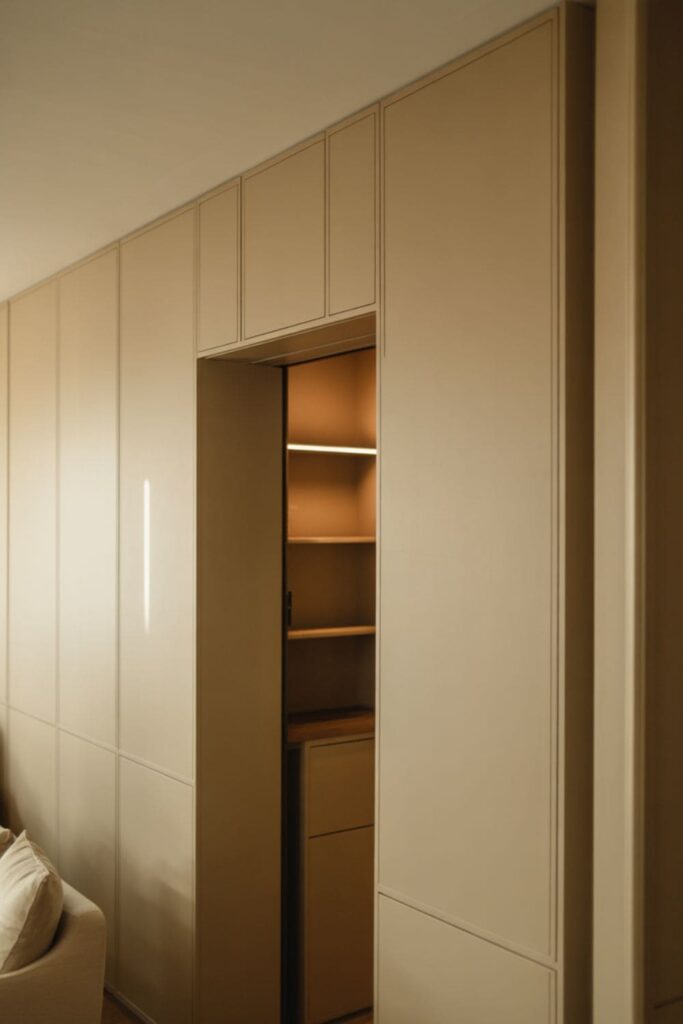 Custom living room cabinetry built around doors and corners for hidden storage