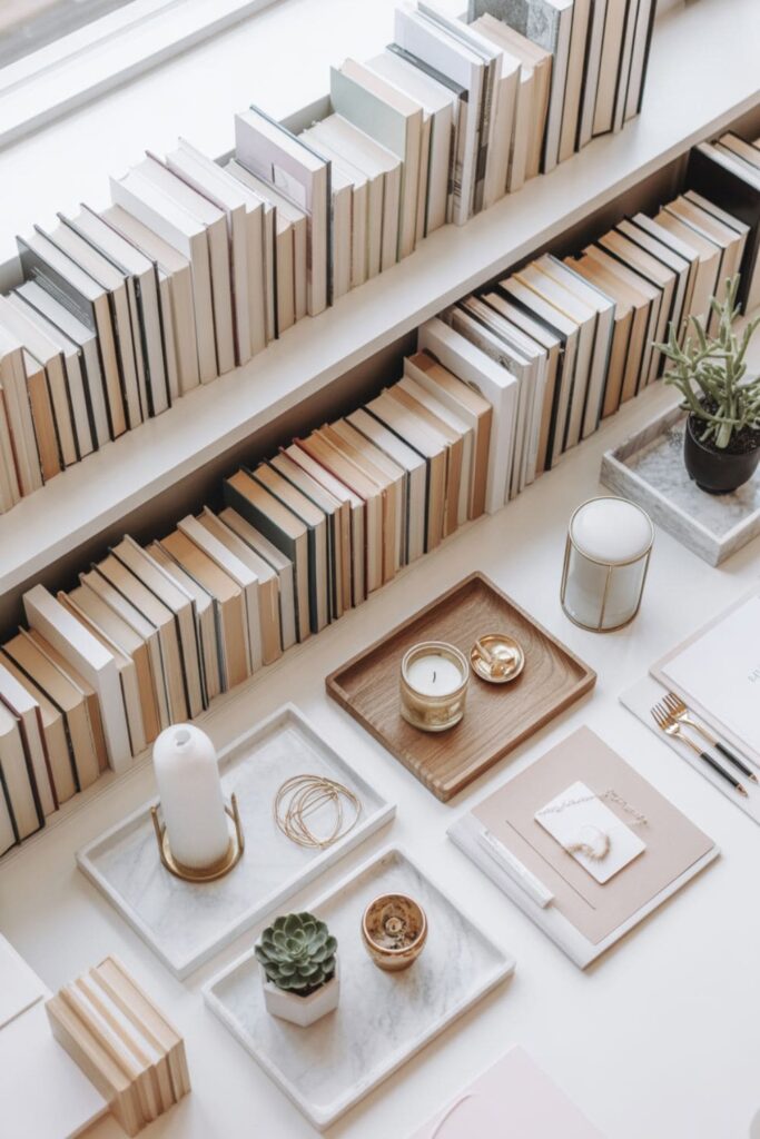 Decor stacked vertically on tables for organized living room styling