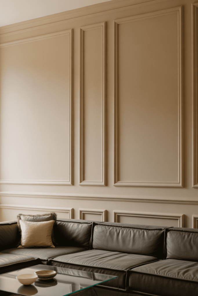 Decorative corner wall paneling adding detail to a modern living room