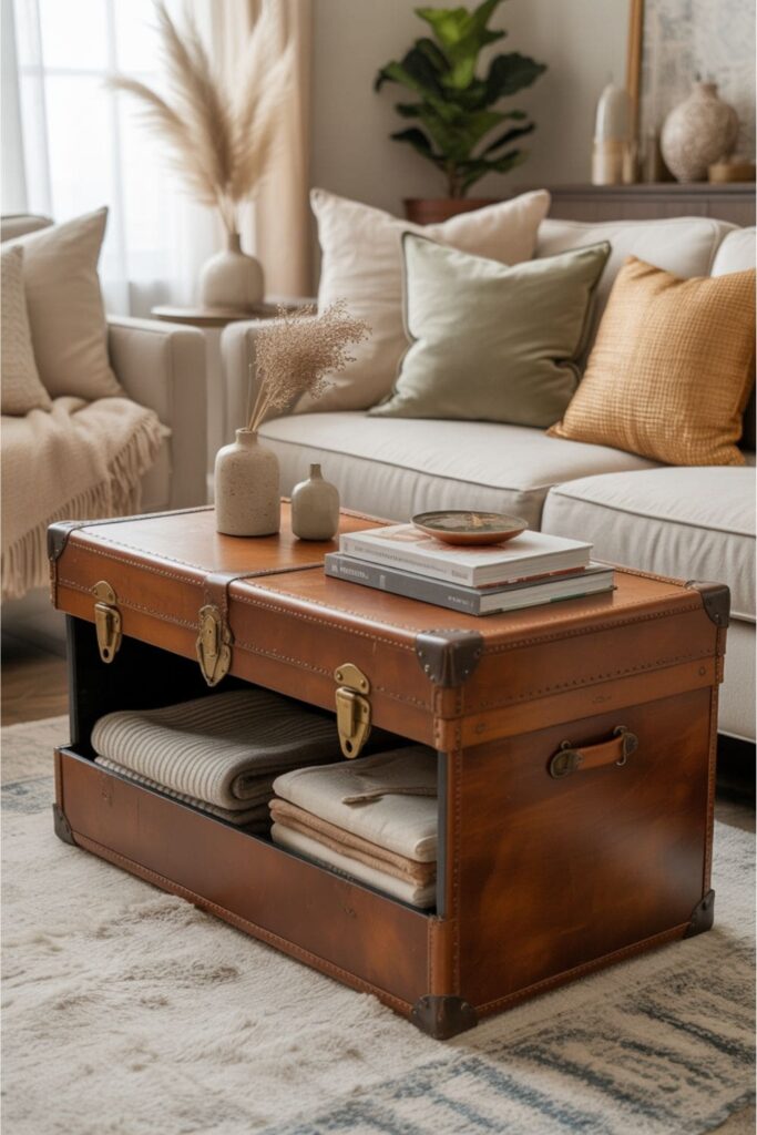 Decorative storage trunk used as a coffee table in the living room