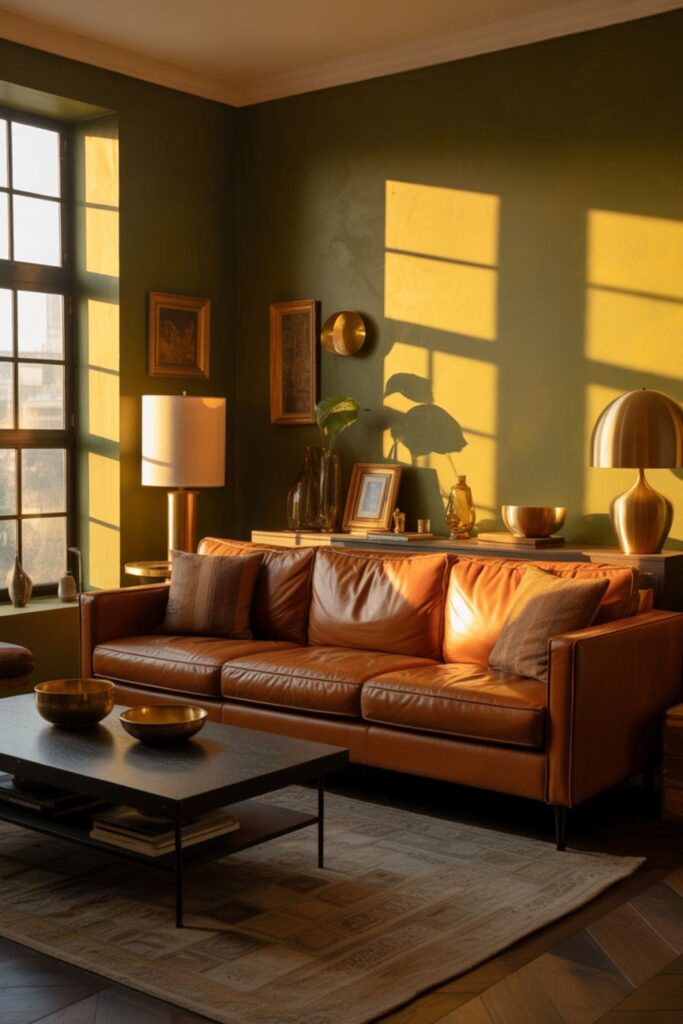 Deep olive green living room with golden west-facing sunlight and cozy seating