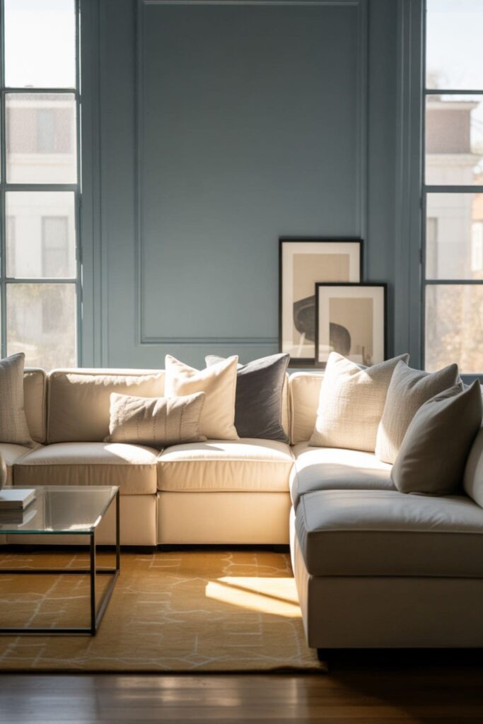 Dusty blue-gray living room balanced by bright south-facing natural light