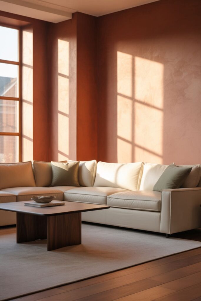 Dusty rose living room walls softened by warm afternoon light from the west