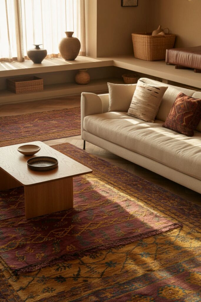 Eclectic living room with Moroccan rugs, Japanese pottery, and Scandinavian furniture, boutique hotel-inspired