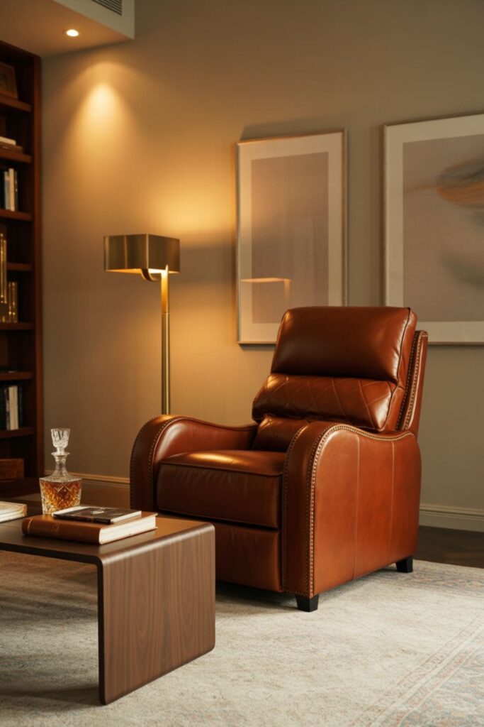 Elegant living room with brown leather recliner, wooden coffee table, and warm lighting