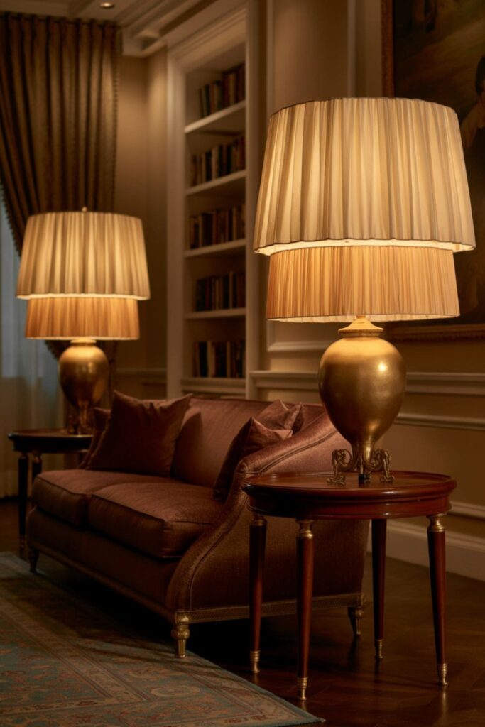 Elegant living room with double-shade lamps producing layered soft light