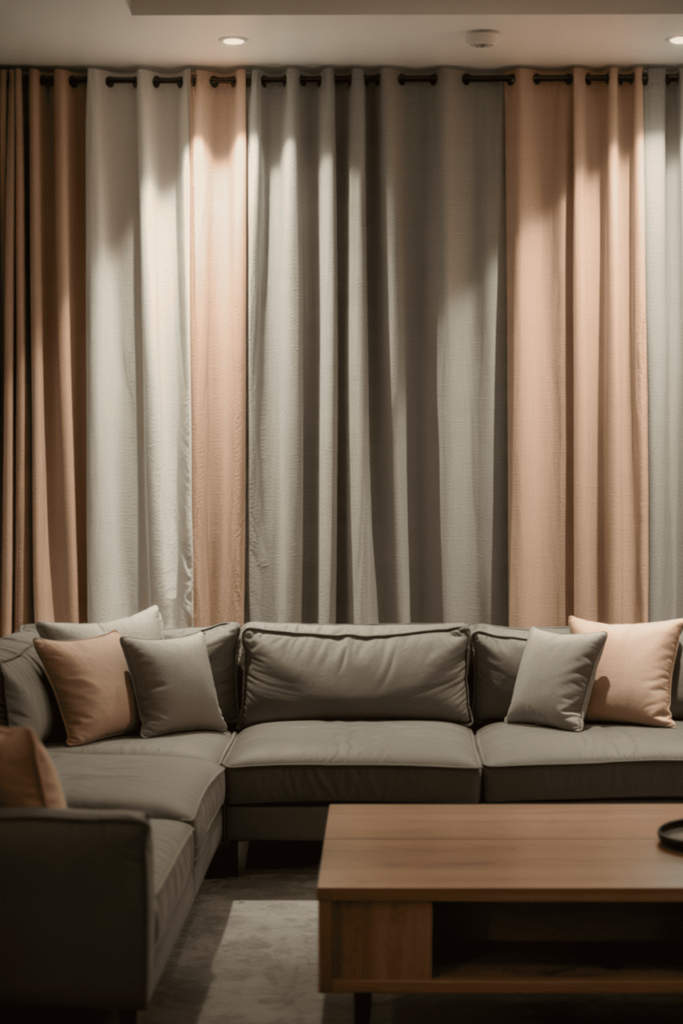 Fabric-wrapped wall panels adding softness and comfort to a living room