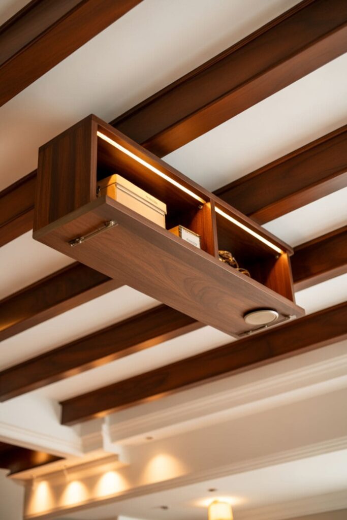 Faux ceiling beams designed to conceal lightweight hidden storage