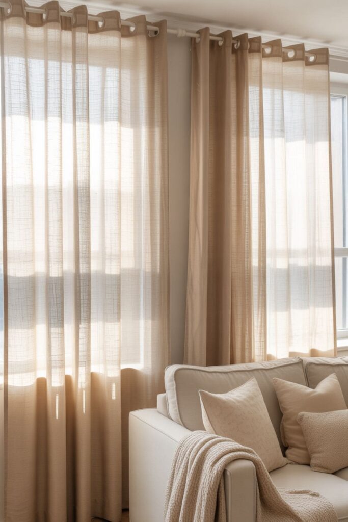 Feature wall created with wide, high-hung curtains in a rental living room
