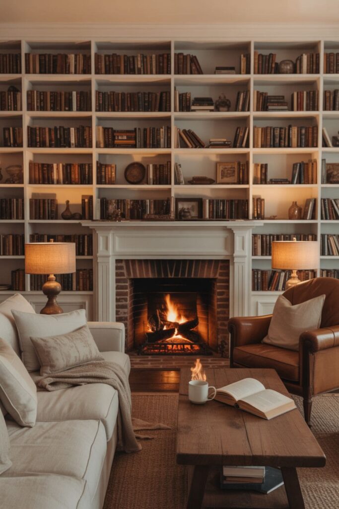 Fireplace and books living room without a TV with floor-to-ceiling bookshelves