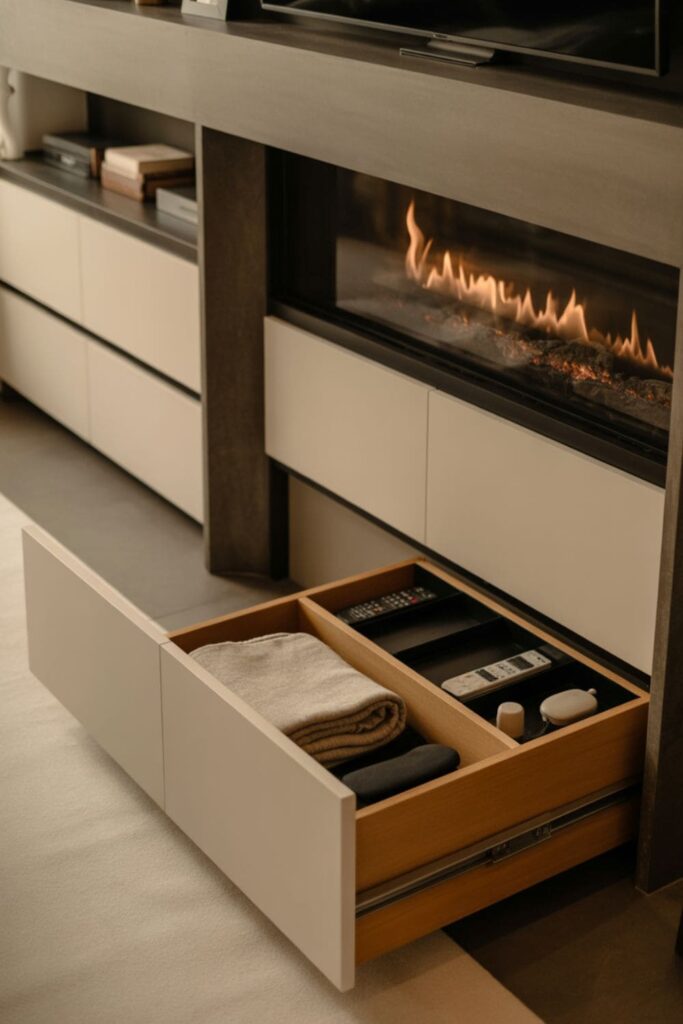 Fireplace surround with built-in drawers used for hidden storage