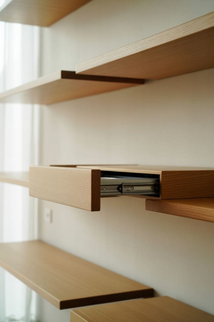 Floating wall shelves featuring slim hidden drawers for small items