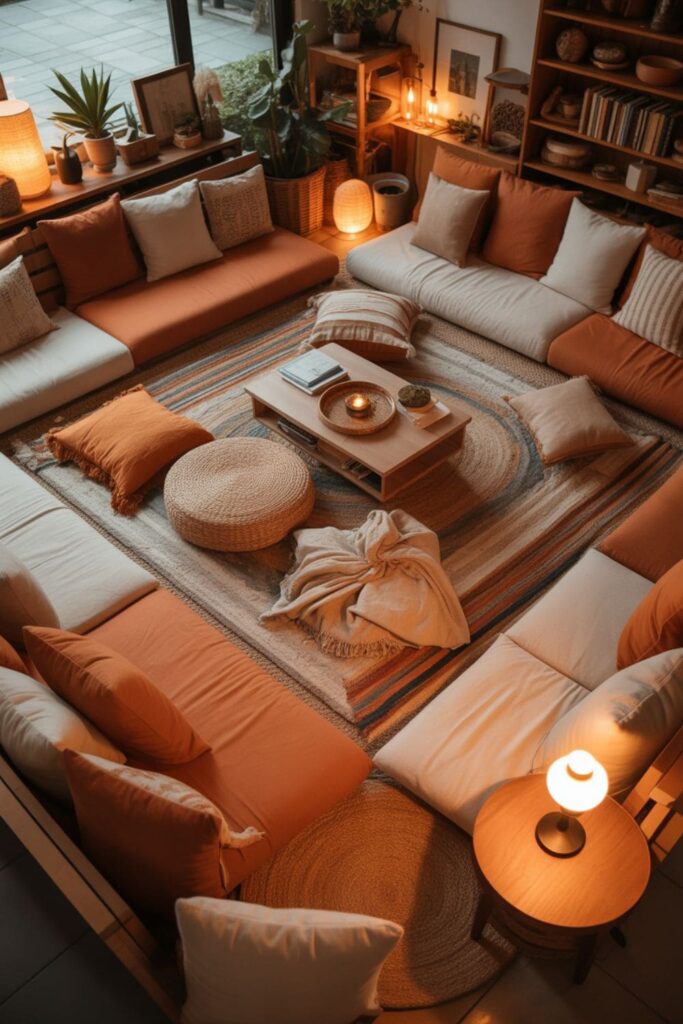 Floor seating living room without a TV with cushions, rugs, and a relaxed layout