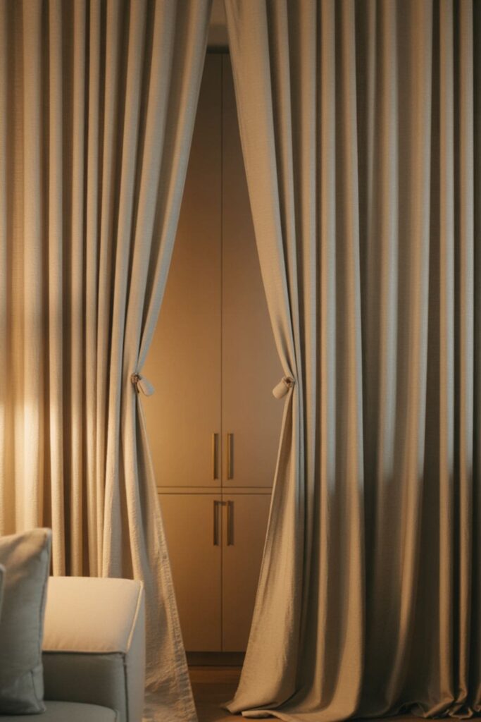 Floor-to-ceiling curtains hiding built-in storage units in the living room