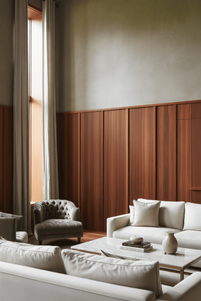 Floor-to-ceiling wall paneling making a living room feel taller and elegant