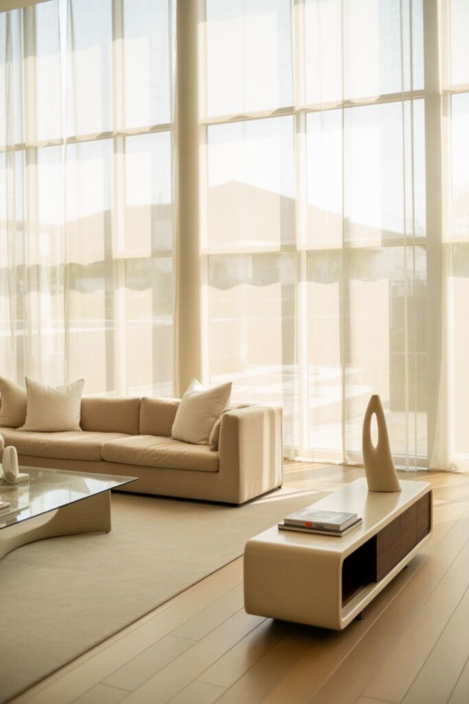 Floor-to-ceiling windows in a living room with neutral furniture and bright natural light