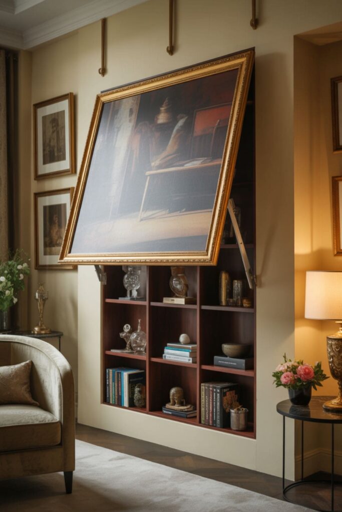 Framed wall art opening to reveal hidden storage inside the living room