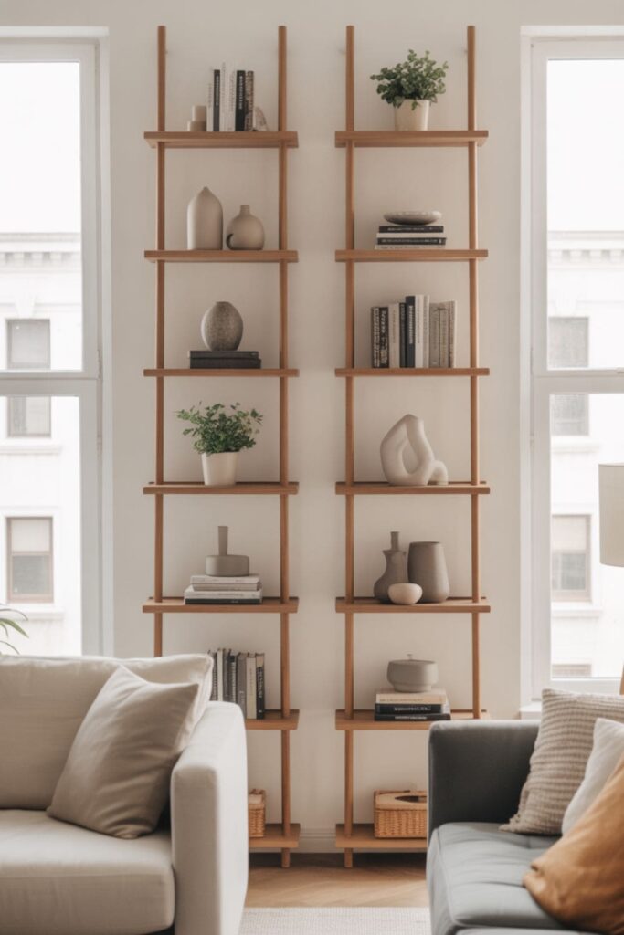 Freestanding shelves used for storage in a renter-friendly living room