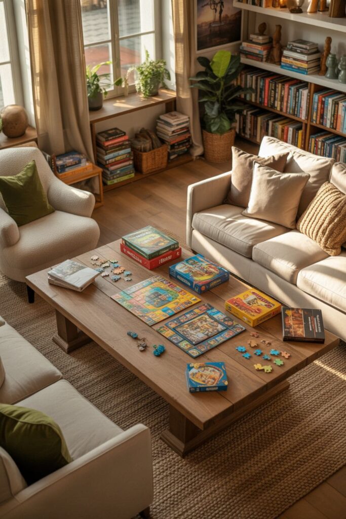 Game and puzzle living room without a TV with board games and a central table